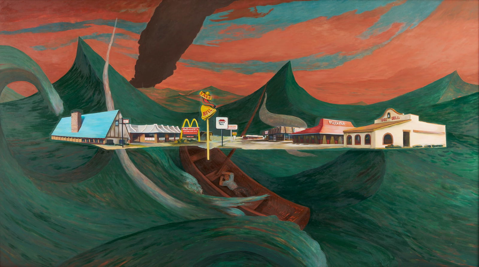 Mark Dean and Jane Irish Surrealist Oil Painting, The Scream: Mark Dean (American, b. 1955) and Jane Irish (American, b. 1955) oil and tempera on panel Surrealist painting depicting a row of chain restaurants floating on large waves, and a canoe with a scre