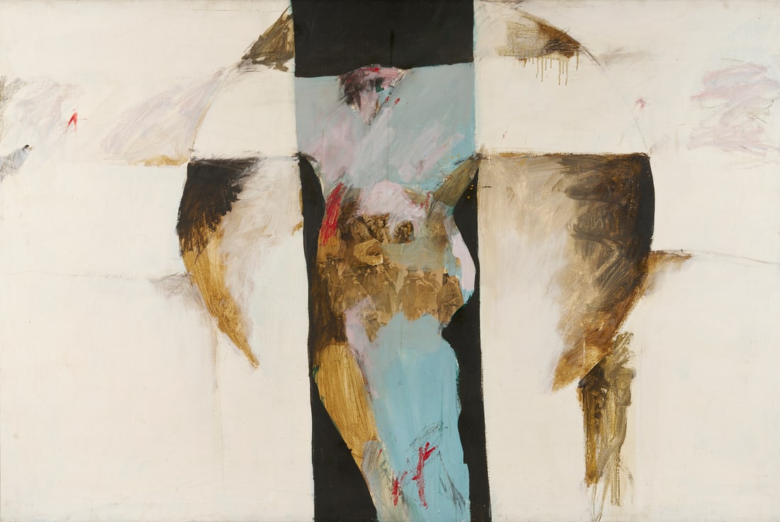 Kenneth K. Thompson Abstract Polymer & Collage Painting: Kenneth K. "Ken" Thompson (American, 1942 - 2009), polymer and collage on canvas, abstract painting titled "The Continuous Crucifixion". Painted in blue, red, brown, lilac, black,