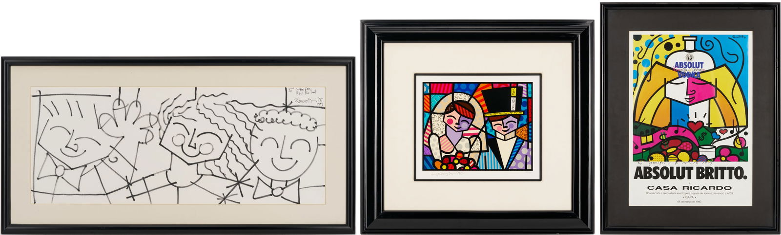 3 Romero Britto Art Items: Drawing, Print and Pastel: Three (3) Romero Britto artworks. 1st item: Romero Britto (Brazil, b. 1963) original drawing, black marker on paper, depicting three smiling faces. Signed upper right corner, dated 1993, and insc