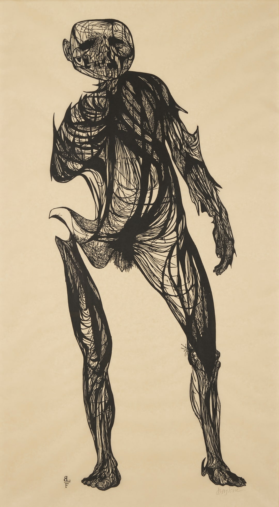 Monumental Leonard Baskin Woodcut, Man of Peace: Leonard Baskin (American, 1922-2000) woodcut on Japan paper, "Man of Peace," 1952. A man stands within a tangle of barbed wire and holds a seemingly lifeless bird. Signed in pencil, lower right, and e