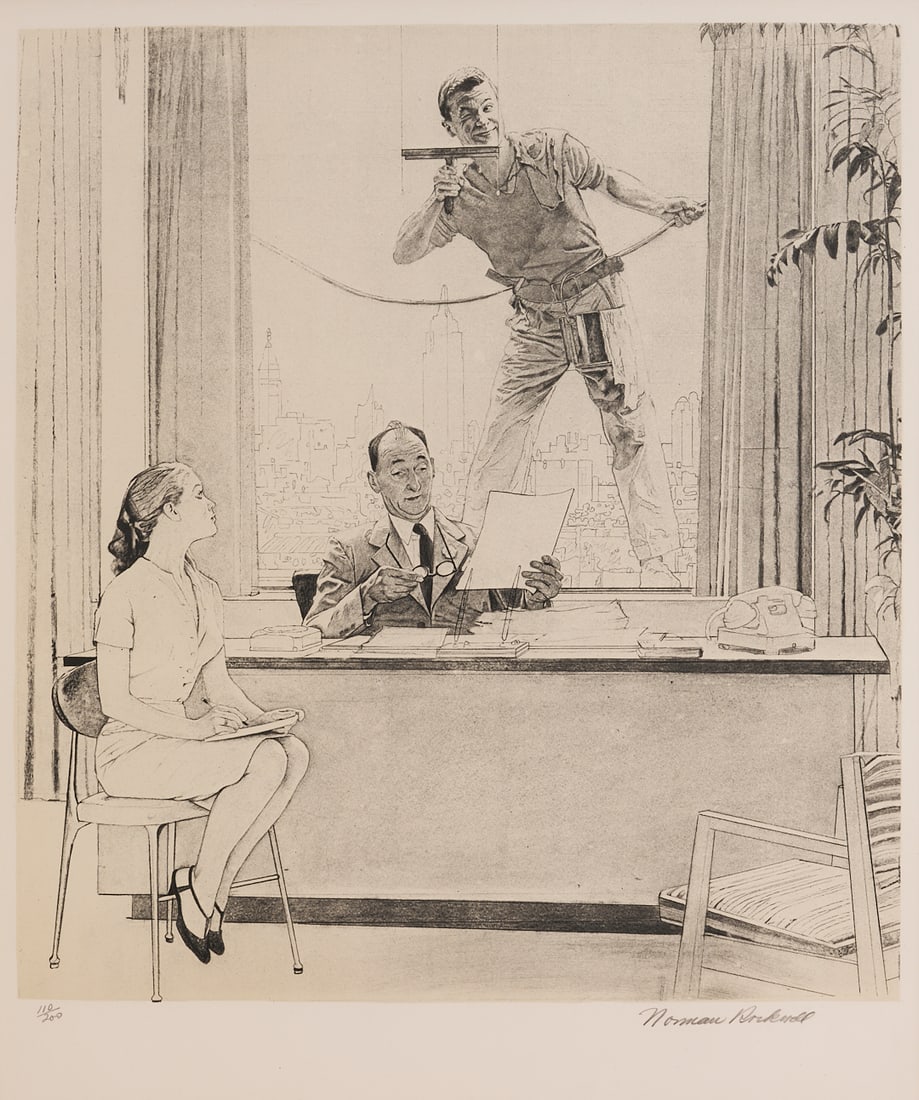Norman Rockwell Signed Lithograph, Window Washer: Norman Perceval Rockwell (New York/Massachusetts, 1894-1978) signed lithograph, "Window Washer," c. 1972. A young man washing windows outside of an office skyscraper winks at a young se