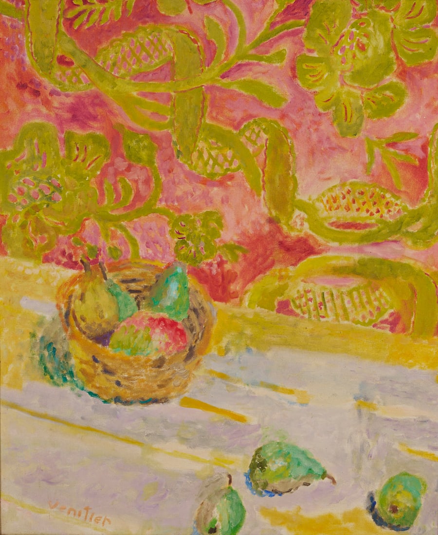 Jean Venitien O/C Painting, Still Life with Pears: Jean Venitien (French, 1911-1955) oil on canvas still life painting depicting pears on a table, set against brightly patterned wallpaper in shades of pink, green and yellow. Signed lowe