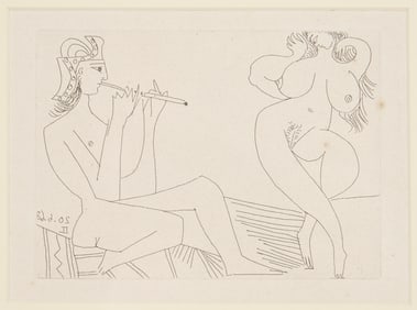 Picasso Etching, Greek Flautist & Nude Dancer from La Celestine, 1971