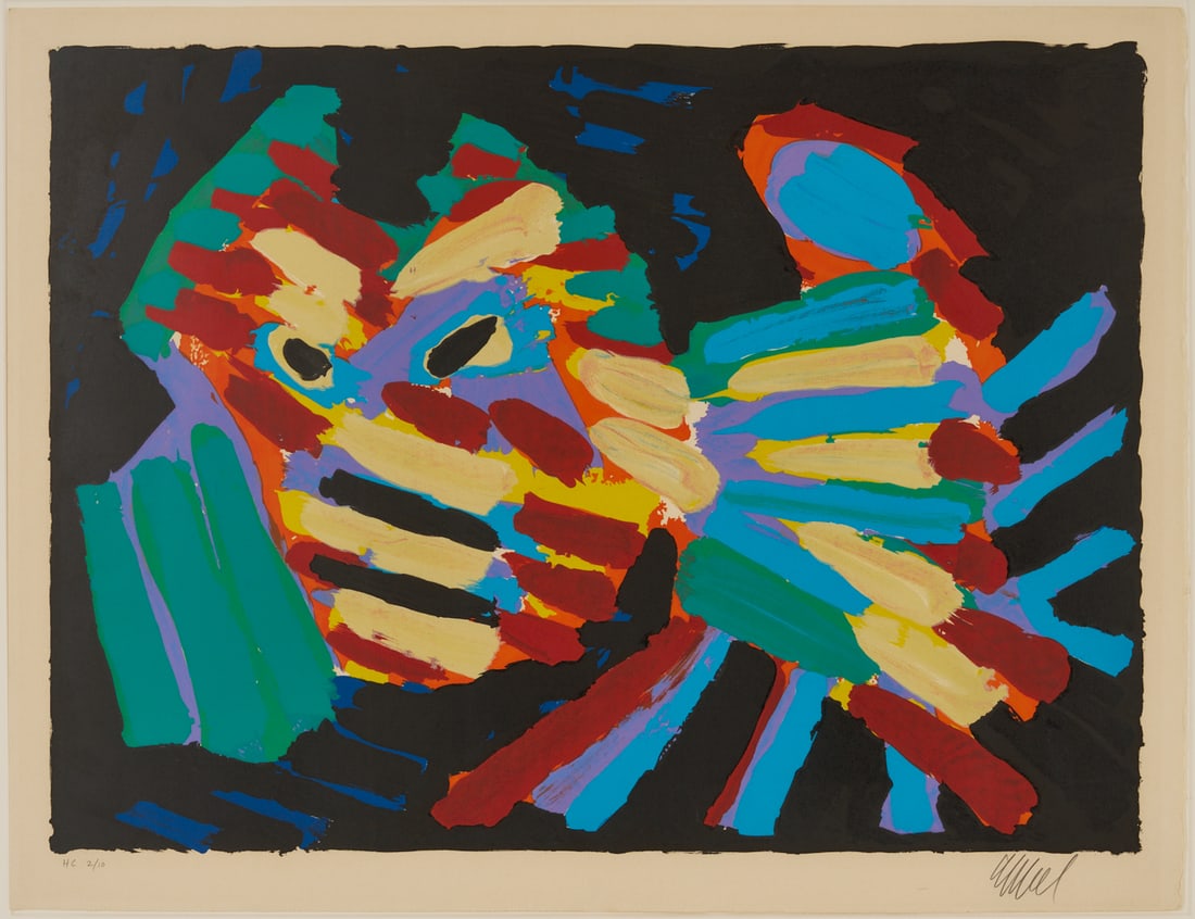 Karel Appel Signed Lithograph, Fighting Cat: Karel Christiaan Appel (Dutch, 1921-2006) color lithograph, “Fighting Cat,” from the Cats portfolio, 1978. Signed and numbered HC 2/10 in pencil, lower margin. Floated under glass in