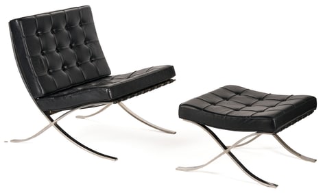 Labeled Knoll Barcelona Chair & Stool, 3 of 3, Mies van der Rohe Design