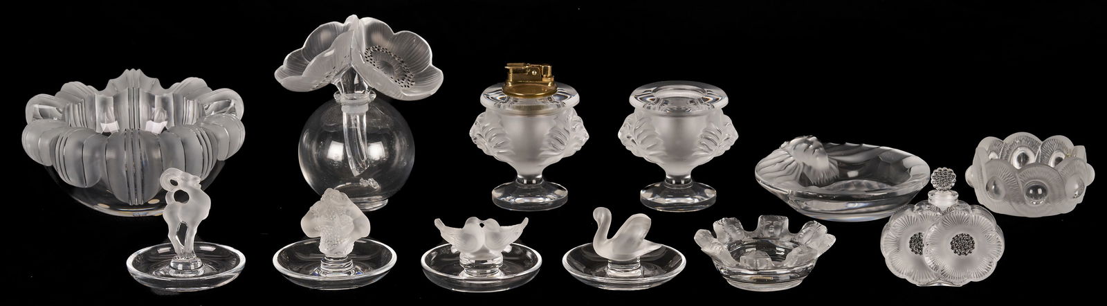 12 Lalique Glass Items, incl. Pin Trays, Perfume Bottles: Group of twelve (12) Lalique France frosted and clear crystal items including an "Athena" Coupe bowl, a "Deux Fleurs" perfume bottle, a large "Double Anemone" perfume bot