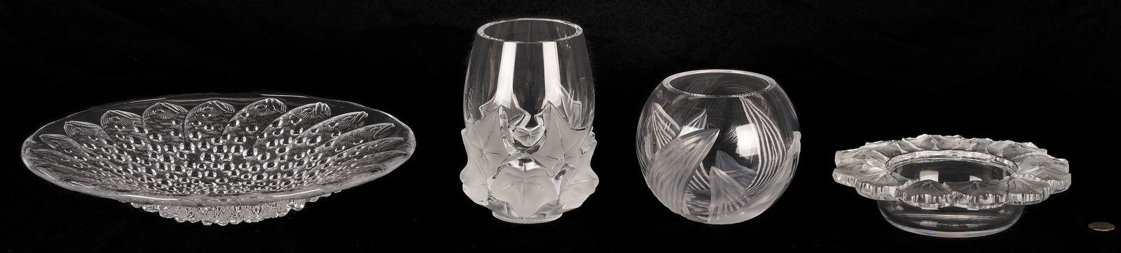 4 Crystal Table Items, incl. Lalique: Grouping of four (4) clear crystal table items, including a French Lalique crystal Roscoff Koi Fish Bubbles coupe/ bowl, a French Lalique Honfleur Geranium crystal bowl or wine holder, a French