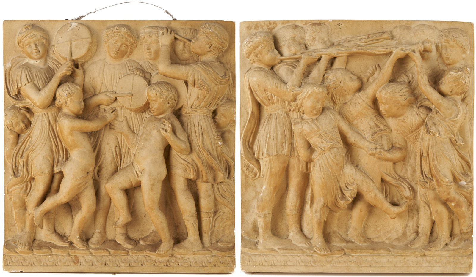 Pair of Pietro Caproni Plaster Casts after Della Robia: Pair of Classical plaster bas-relief plaque reproductions depicting the Choir of Luca della Robbia (1400 - 1482) originally in the Cathedral of Santa Maria del Fiore, Florence, Italy.