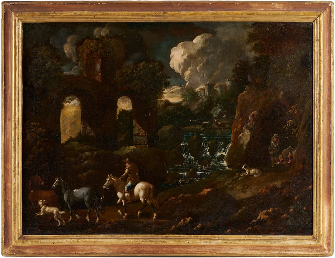 Continental 18th C. Landscape Painting w/ Dogs, Horses & Rider: Oil on Canvas Italianate landscape painting. A figure in the left foreground travels on horseback with a dog and second horse past ruins, a waterfall, and a cave where other figures,