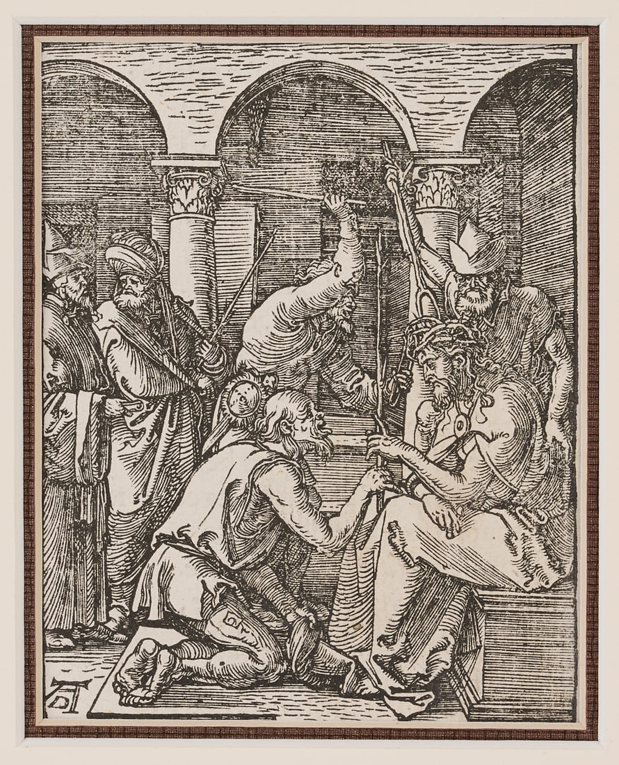 Albrecht Durer Woodcut, Christ Crowned w/ Thorns from The Small Passion: Albrecht Durer (German, 1471-1528) woodcut on laid paper, “Christ Crowned with Thorns” from The Small Passion, c. 1508-10. From the 1612 Italian text edition published by Daniel