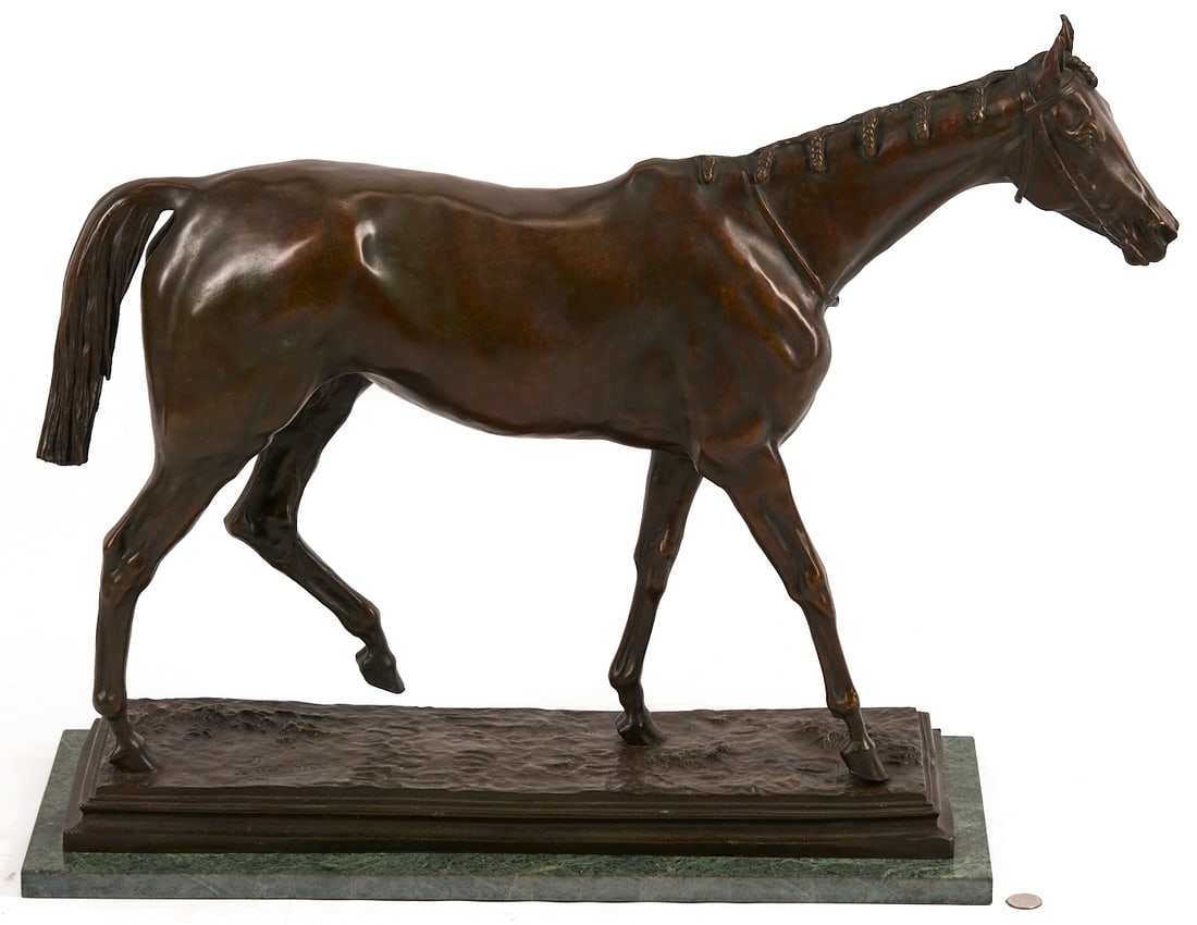 After Isidore Bonheur Large Bronze Horse Sculpture: After Isidore Jules Bonheur (French, 1827-1901) bronze sculpture depicting a walking horse with a braided mane and clipped tail on a stepped, naturalistic base, signed "I. Bonheur." Mounted onto a rec