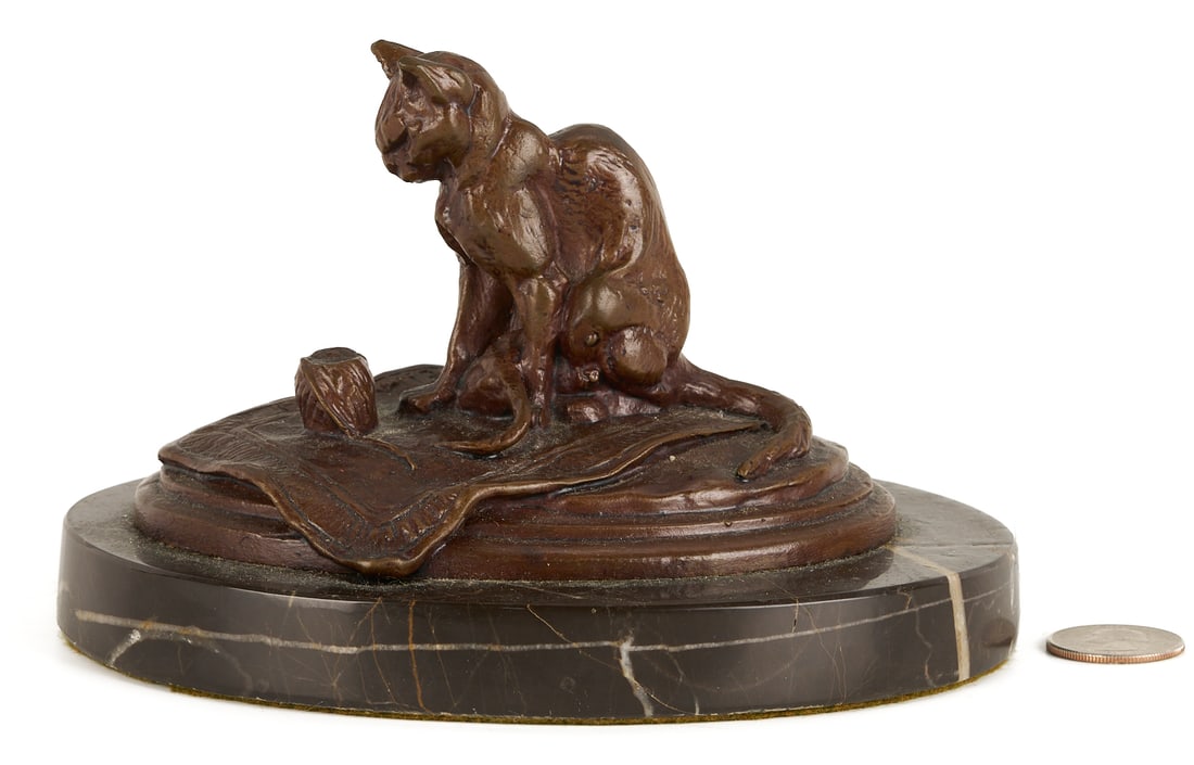 Emmanuel Fremiet Bronze Sculpture, Cat with Yarn: Emmanuel Fremiet (French, 1824-1910), "Chat a la Pelote", bronze figure of a cat playing with a ball of yarn atop a rug, signed E. FREMIET in the fringe of the rug. Affixed to an oval marble base. 4