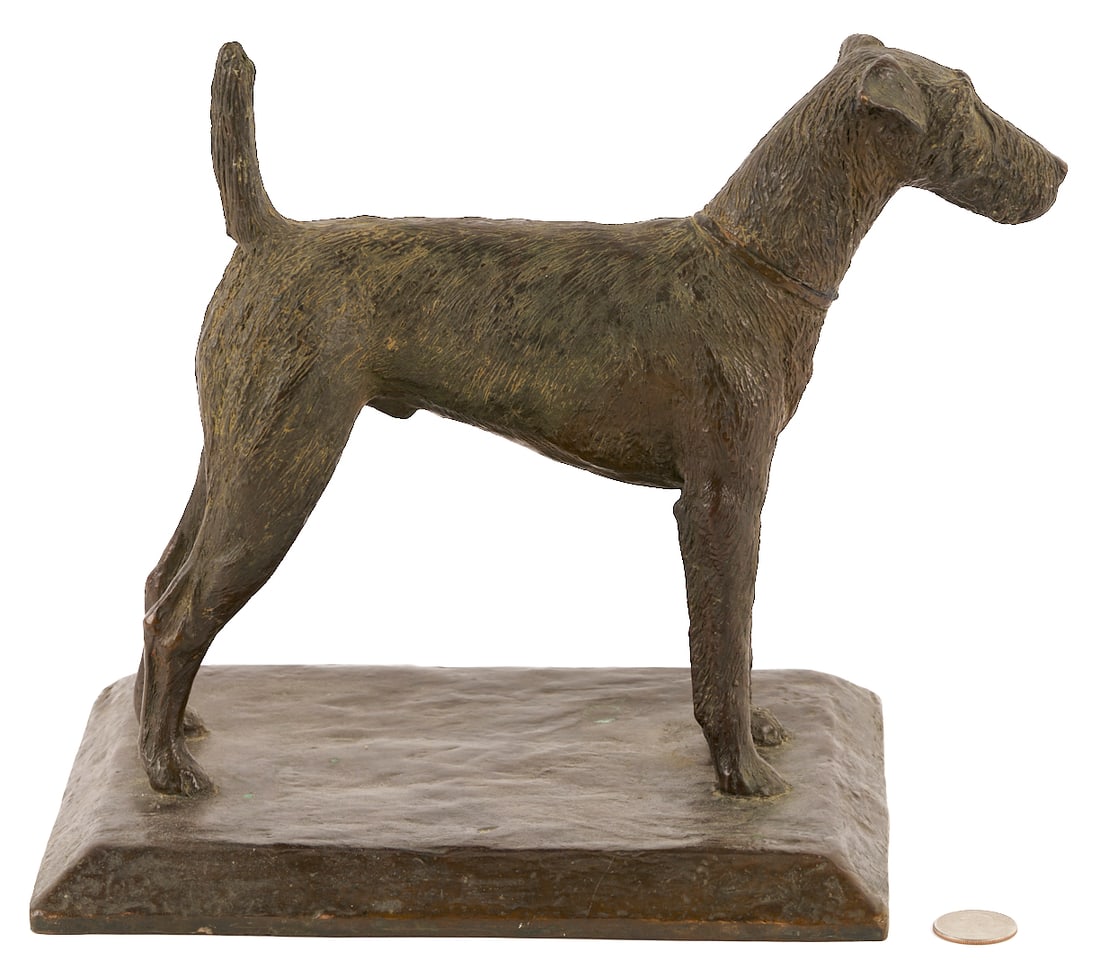 J.W. Mitchell Bronze Sculpture, Airedale Terrier: J. Willoughby Mitchell (British, 20th century) bronze sculpture depicting an Airedale terrier standing on a rectangular base. Signed along the base edge and dated 1910. 9 1/2 in. H x approx. 11 1/4