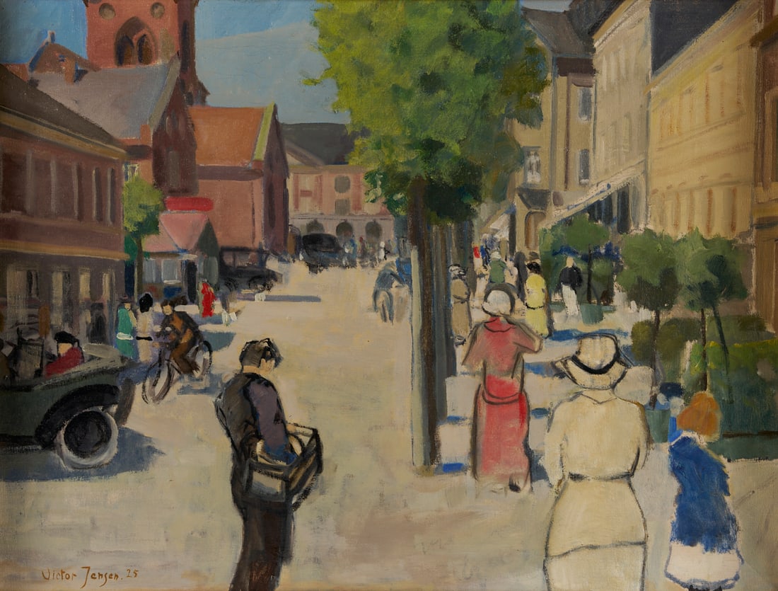 Victor Jensen O/C, 1920s Street Scene: Victor Jensen (Danish, 1851-1950) oil on canvas painting depicting figures walking along a European city street on a sunny day. Signed lower left and dated 1925. Molded giltwood frame with