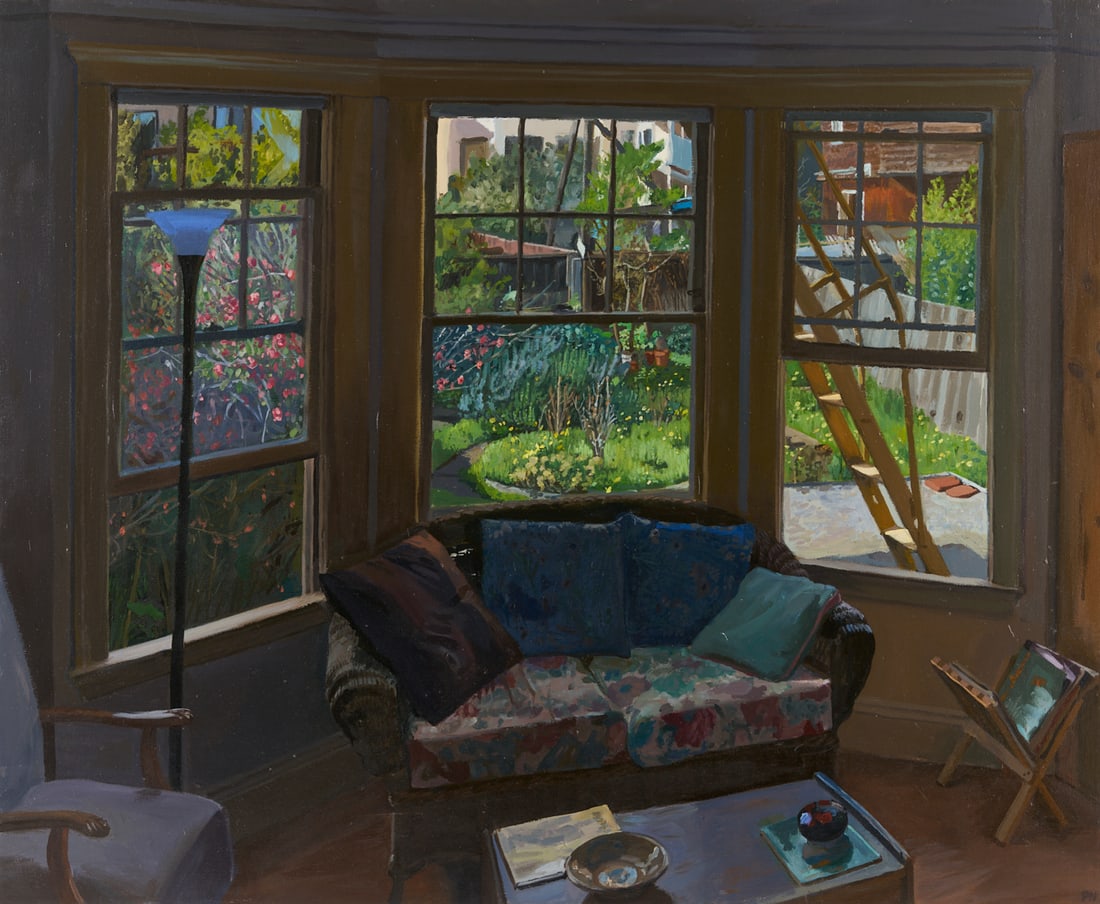 Modern O/C Interior Scene, Peter Nye: Peter Nye (American, b.1954) oil on canvas photo-realistic interior scene painting titled "Morning Interior" depicting the living room of a house with a bay window and view of the outside