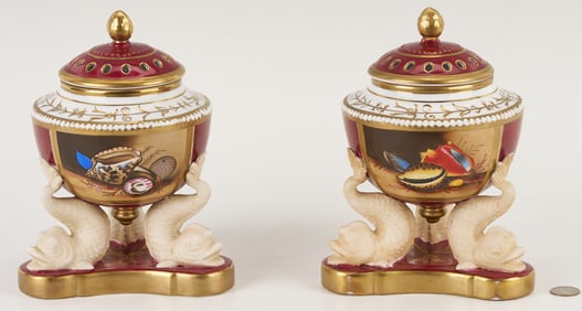 Pair of Porcelain Potpourri Pots, Dolphin Fish Base