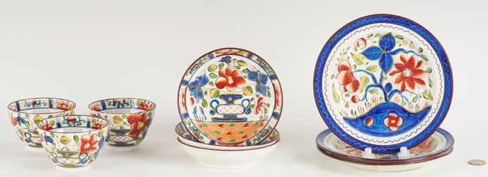 9 pieces Gaudy Dutch: Plates, Cups, Saucers