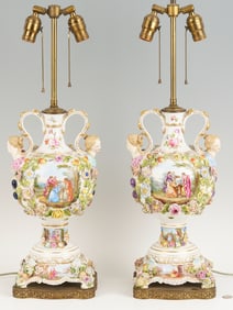 Pair of German Dresden-Style Potpourri Urn Lamps