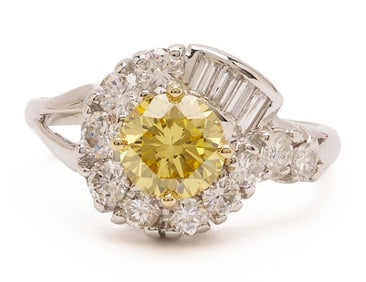 Yellow Diamond Ring w/ White Diamond Setting, GIA Report