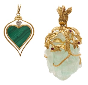 2 Gold & Gemstone Pendants - 1 Floral & 1 Heart