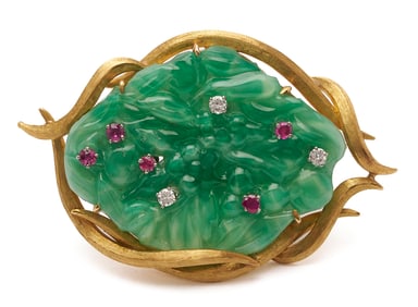 18K Gold, Jade, Ruby, & Diamond Brooch