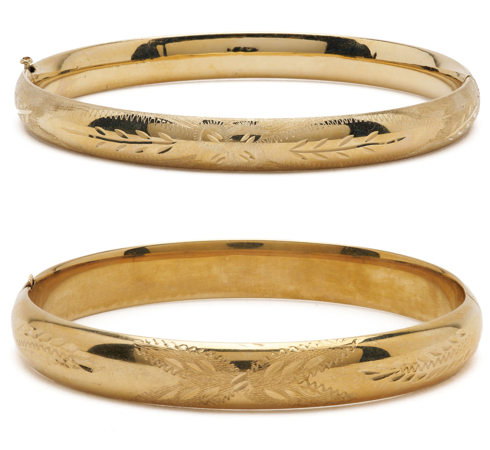 14K Gold 7 1/2 in. Bangle Bracelet and 14K Gold 7 in. Bangle Bracelet: 1st item: Ladies' 14K yellow gold bangle bracelet. The bracelet is marked "14K RCI" and XRF tests 14K gold. The bracelet is 7 1/2 in. circumference and has a weight of 10.33 grams. 2nd i