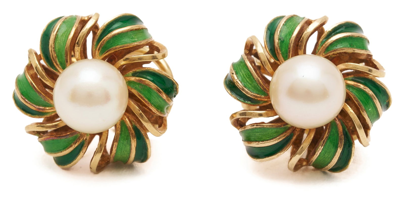 18K Gold, Pearl, & Enamel Clip back Earrings: Ladies' 18K yellow gold pair of clip back earrings featuring two (2) cultured pearls accented by enamel. The earrings are marked "1918 18K" and XRF test 18K gold. The earrings are 3/4 in