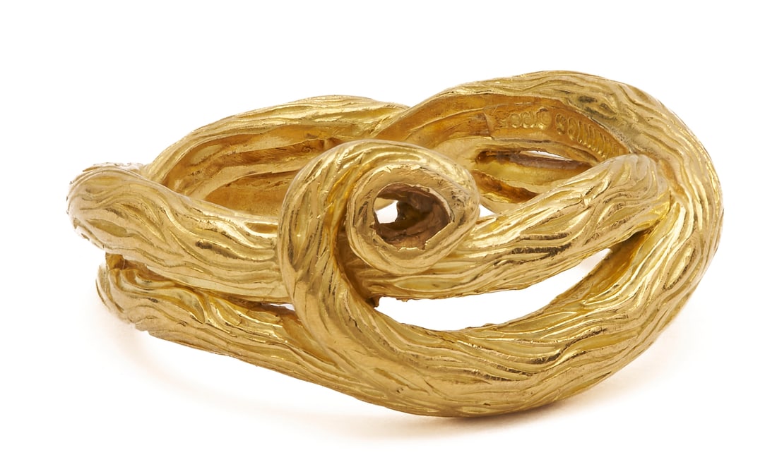 18K Gold "Cummings" Ring: Ladies' 18K yellow gold ring designed by Angela Cummings. The ring is marked "18K Cummings" and XRF tests 18K gold. The ring is size 7 1/2 and has a weight of 10.67 grams.Additional high