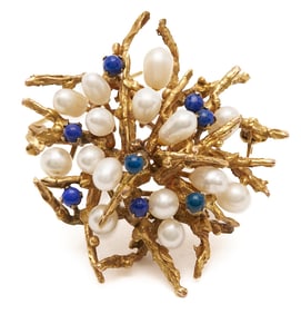 14K Pearl & Lapis Brooch