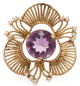 14K Gold, Amethyst, & Pearl Brooch