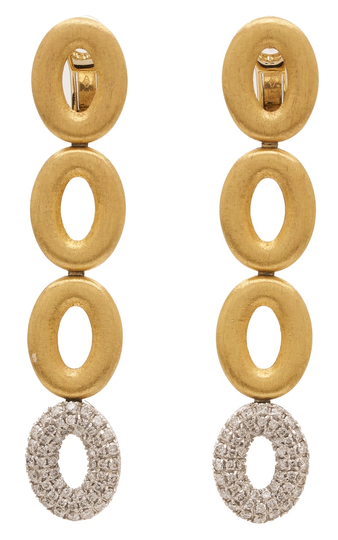 18K Gold & Diamond Drop Earrings: Ladies' 18K yellow and white gold pierced clip back drop earrings featuring pave set melee diamonds in the bottom ring of both earrings. The earrings are marked "750 VI 750" and XRF test 18K gold. The