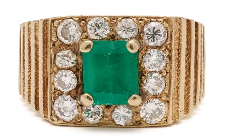 14K Yellow Gold Natural Emerald & Diamond Ring