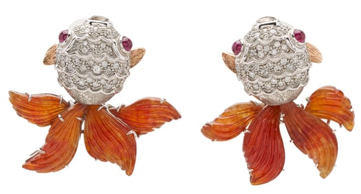 10K White Gold Diamond & Jade Goldfish Earrings