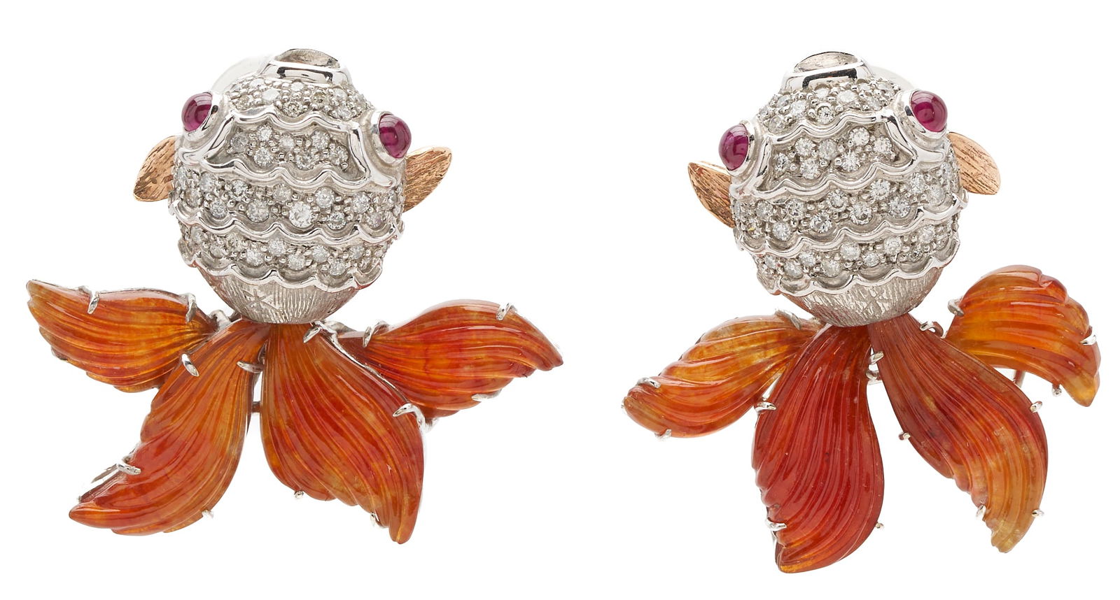 10K White Gold Diamond & Jade Goldfish Earrings: Ladies' 10K white gold pierced clip back goldfish earrings featuring four (4) cabochon synthetic rubies as eyes, one hundred six (106) single cut melee diamonds as scales, and eight (8) free hand