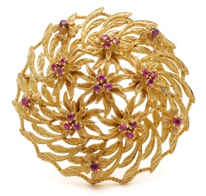 18K Gold Floral Ruby Brooch