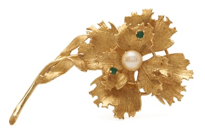 14k Pearl & Emerald Brooch