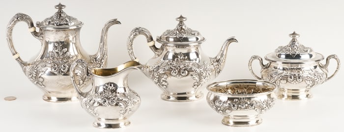 Gorham Marguerite Pattern Sterling Tea Set, 5 pcs
