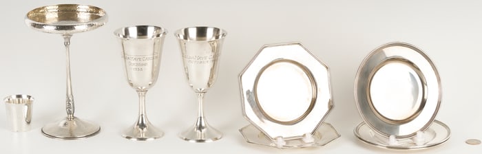 10 Sterling Silver Items: Goblets, Bread Plates, Jigger, Compote