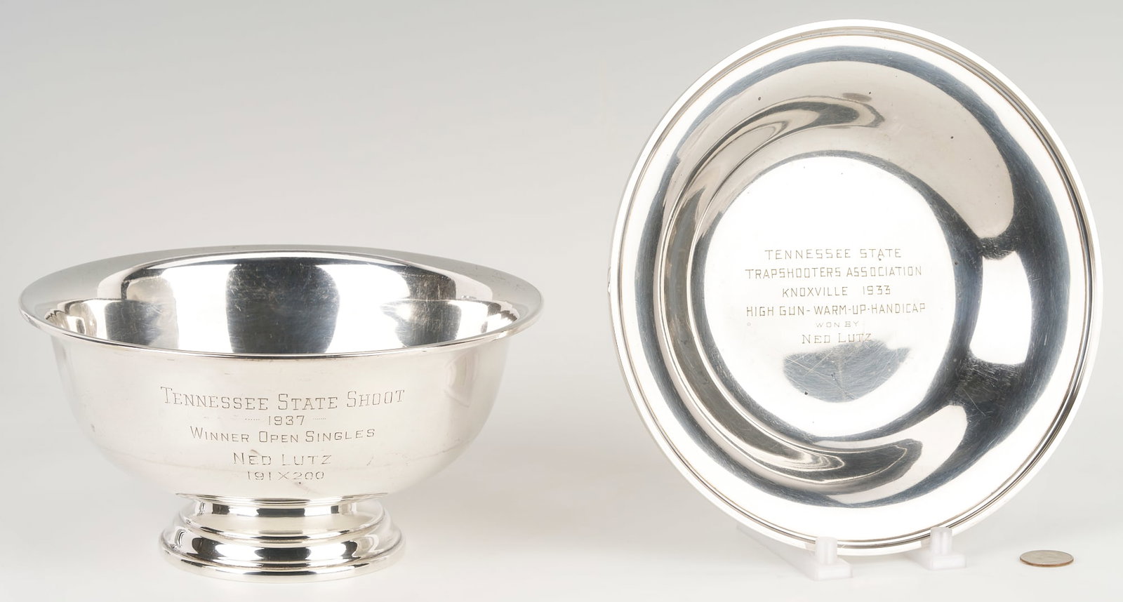 2 TN Related Sterling Trophy Bowls: Two (2) 1930s era Sterling Silver Trophies. 1st item: S. Kirk & Son sterling silver low bowl with presentation engraving reading TENNESSEE STATE TRAPSHOOTERS ASSOCIATION, KNOXVILLE