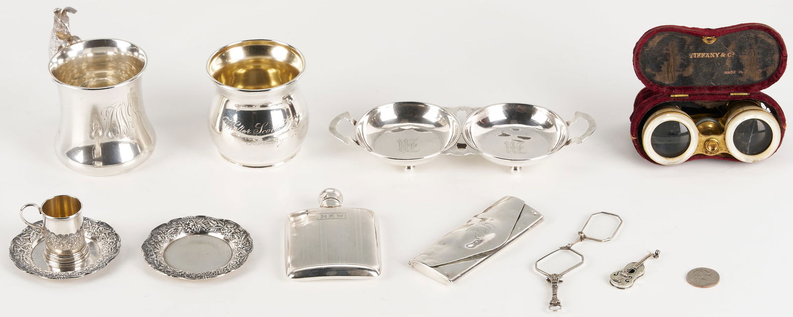 9 Assorted Sterling Items plus Tiffany Opera Glasses & Lorgnette: 1st item: Tiffany mother of pearl and brass opera glasses in red velvet case marked "Tiffany & Co. / Made in France." 2nd item: Art Deco faux jeweled lorgnette, unmarked. 3rd