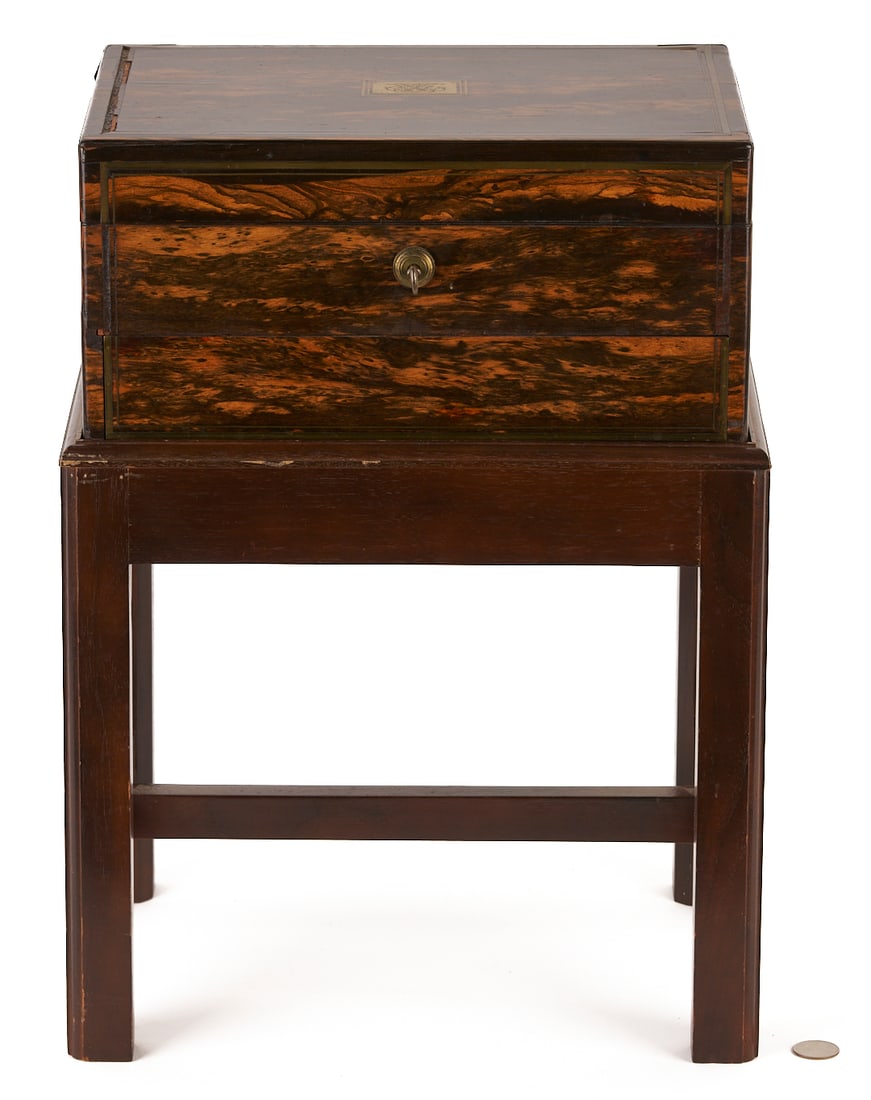 Toulmin & Gale Coromandel Sewing & Writing Box w/ Stand: Toulmin & Gale, London, Victorian brass inlaid coromandel sewing box, the fitted interior with a mirror and many of the mother-of-pearl accessories. Interior atent lock plate engraved with