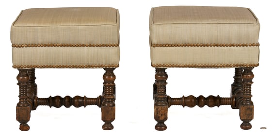 Pair Jacobean Upholstered Stools
