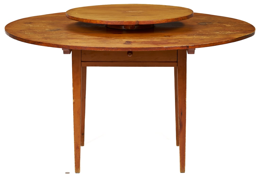 Lazy Susan Table: A Lazy Susan dining table, mixed woods including cherry and white pine. Two pieces, including a circular top consisting of several joined boards with the original raised revolving Lazy Susan center, a