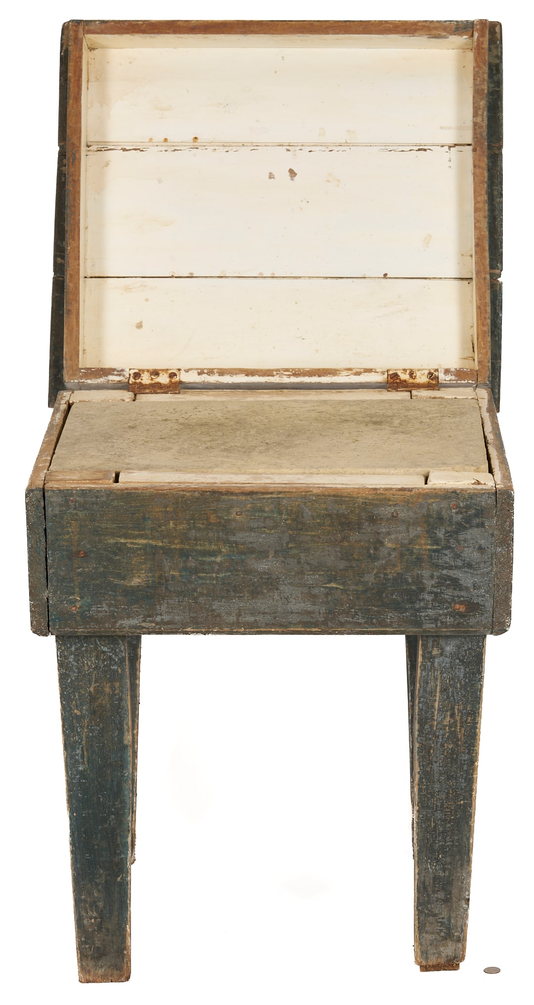 Tennessee Biscuit Table, Wilson County History: Tennessee beaten biscuit board and cover in old blue and cream paint on poplar, with limestone slab. Old square nail construction. Three-board hinged cover with rounded edges lifts to reveal a