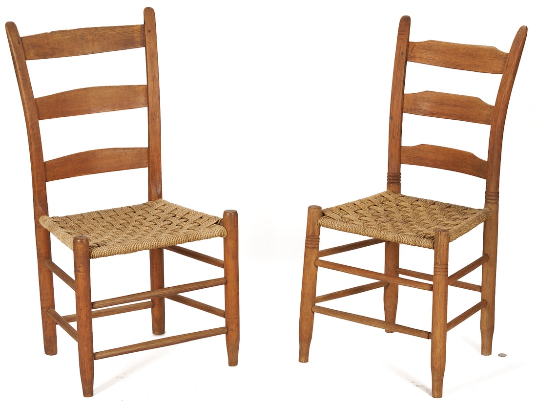 2 TN 19th C. Chairs Incl. Dick Poyner: Two (2) Tennessee side chairs attributed to Williamson County makers Richard "DIck" Poyner and John Pickins, both of hickory and possibly maple and with later, rope-woven