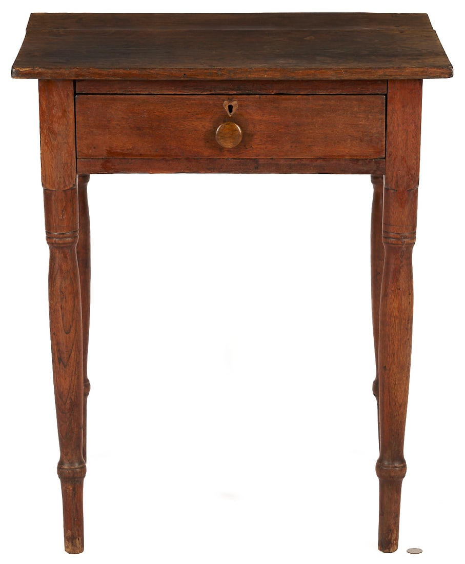 Walnut One Drawer Table: American walnut one-drawer inlaid work table or stand, white pine secondary. Rectangular plain top over a single dovetailed drawer having a later, crude inlaid heart escutcheon, and four rin