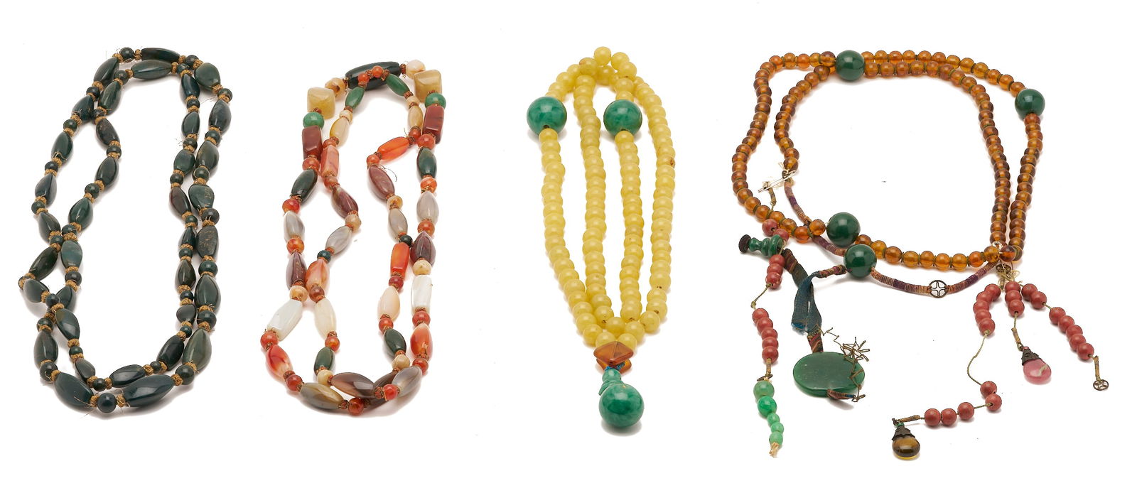 4 Chinese Jade, Amber Necklaces incl. Court Chaozhu Beads: Four (4) sets Antique Chinese Chaozhu Beads. 1st item: Court Necklace with Green Jade, Amber and coral beads with silk cording. Approx. 58 in. long overall. 2nd item: Necklace wit