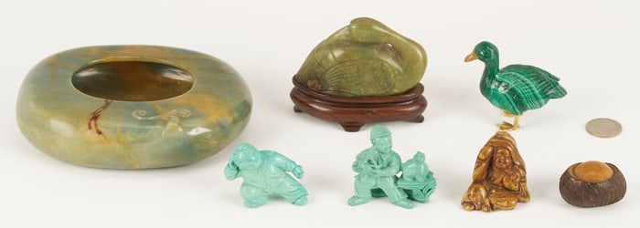 7 Asian Carvings: Ducks, Brush Washer, Turquoise & Vegetable Ivory