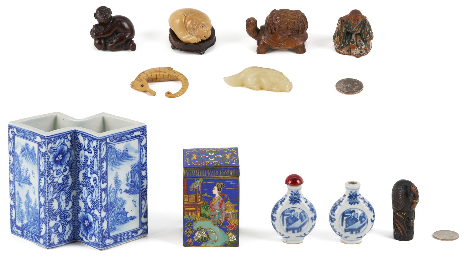 11 Asian Deocrative Items. incl. Netsukes and More: 1st-6th items: Six (6) small Asian carved figural Netsukes, including 1 Tagua nut dog with stand; 1 signed hardwood turtle with chicken on its back; 1 jade crouching temple dog; 1 hardwood