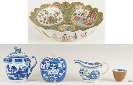 Chinese Export Rose Mandarin Porcelain Bowl, Scalloped Rim and 4 Chinese Blue & White Porcelain